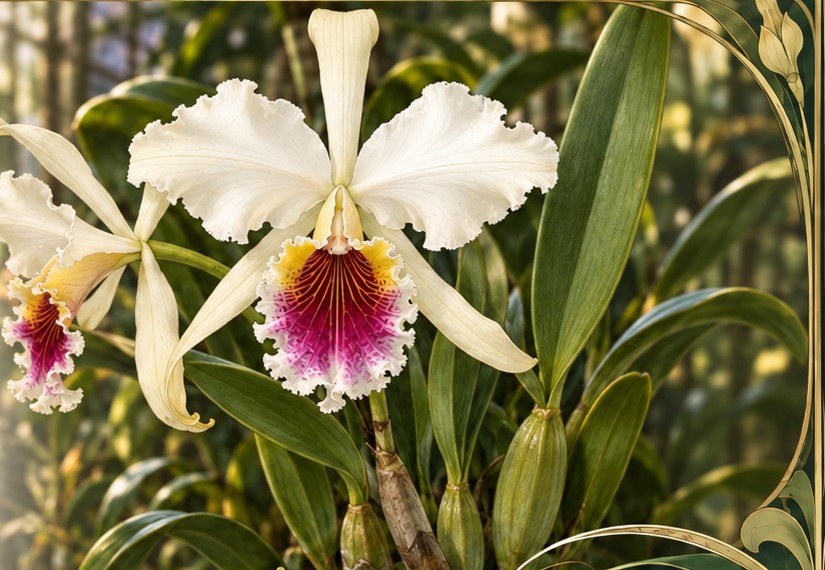 Cattleya rex in bloom with its characteristic white flowers and magenta-and-gold lip