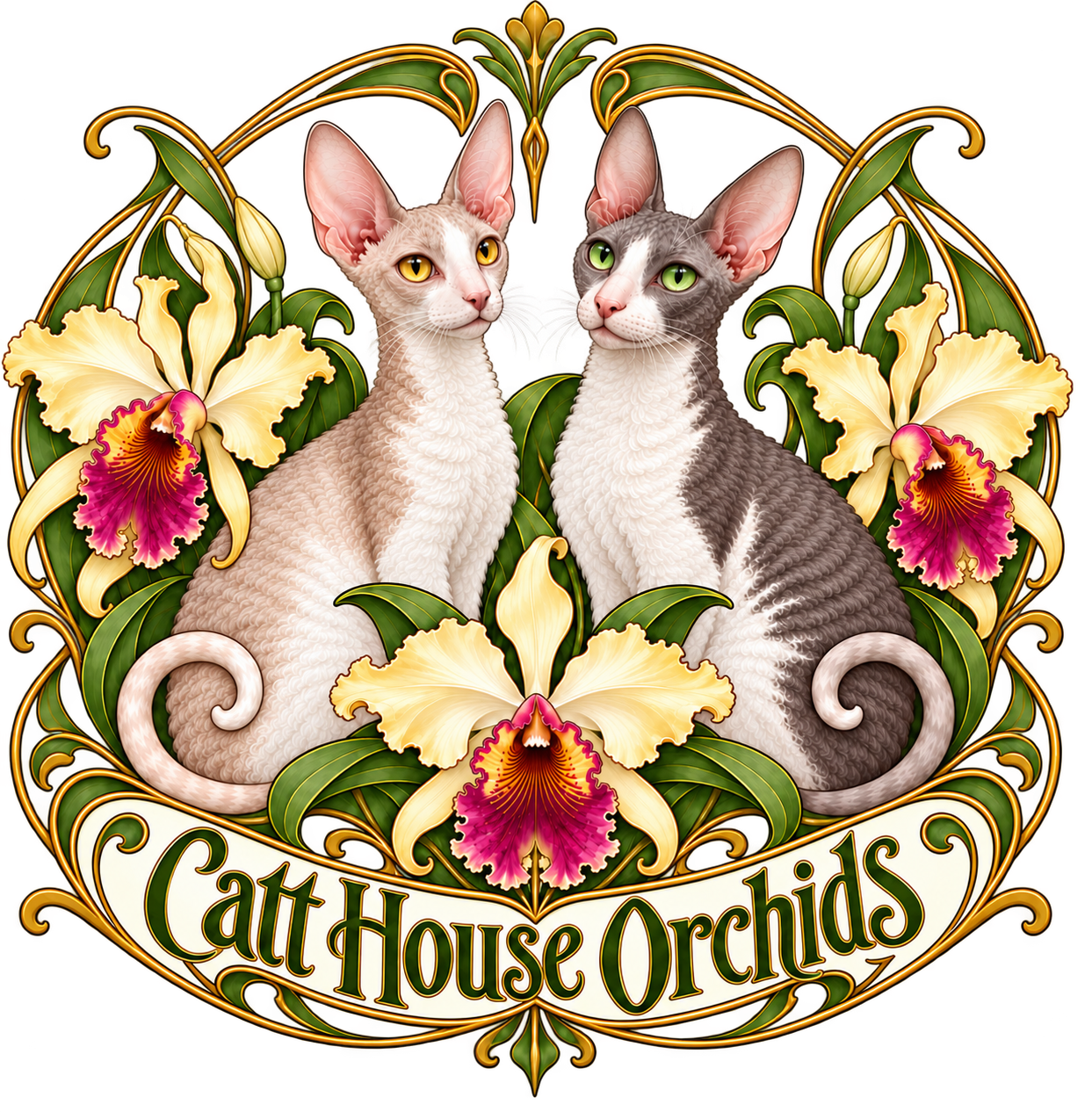 Catt House Orchids logo featuring two Cornish Rex cats and Cattleya orchids
