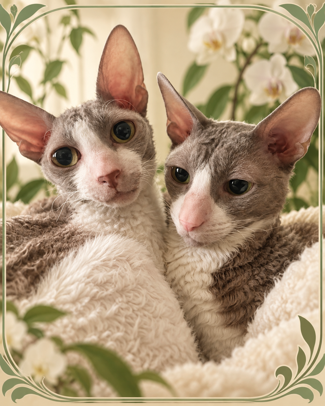 Rena and Maya, the Cornish Rex cats behind the Catt House Orchids name